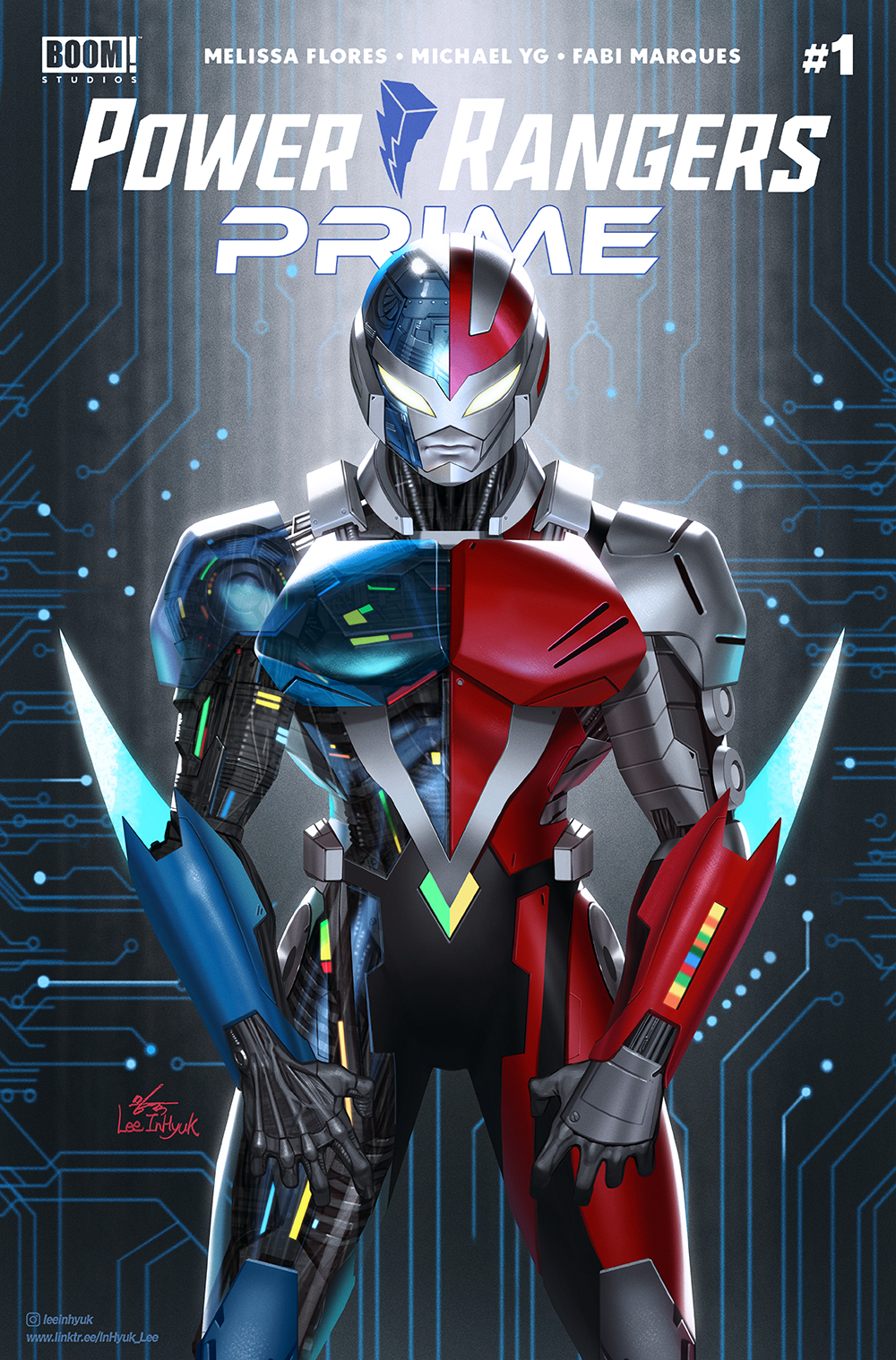 1boy arm_blade armor blue_armor blue_bodysuit bodysuit boom!_studios choujinki_metalder copyright_request highres in-hyuk_lee metalder mighty_morphin_power_rangers multicolored_armor multicolored_bodysuit official_art power_rangers power_rangers_(boom!_studios) red_armor red_bodysuit tokusatsu vr_troopers weapon
