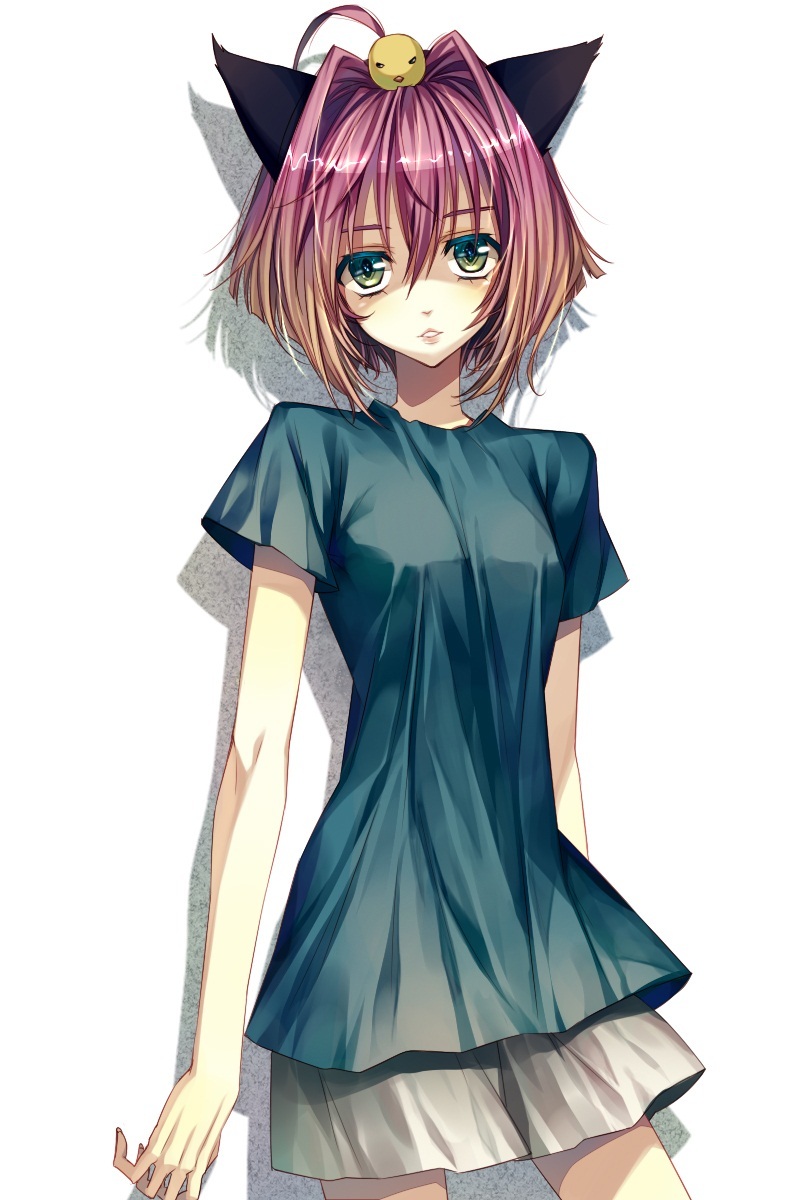 1girl aged_up ahoge animal_ears artist_request baby_animal bad_id bad_pixiv_id bird brown_hair chick cowboy_shot female_focus gradient_hair green_eyes hair_intakes highres honihoni looking_at_viewer multicolored_hair parody parted_lips personification pink_hair potemayo potemayo_(character) shadow short_hair skirt solo standing style_parody