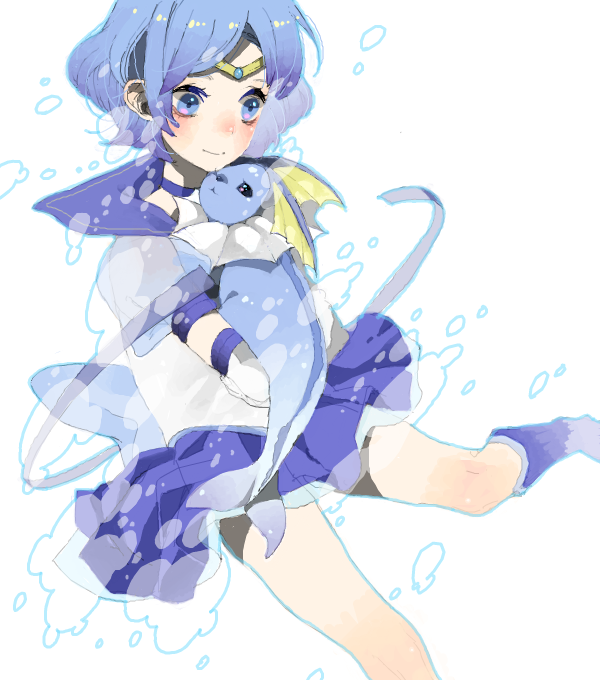 1990s_(style) 1girl bad_drawr_id bad_id bishoujo_senshi_sailor_moon bishoujo_senshi_sailor_moon_stars blue_eyes blue_hair blue_sailor_collar blue_skirt blue_theme blush boots bubble choker crossover elbow_gloves gen_1_pokemon gloves holding hug knee_boots leotard magical_girl miniskirt mizuno_ami nanakami_mana nintendo oekaki pokemon pokemon_(creature) power_connection retro_artstyle ribbon sailor_collar sailor_mercury short_hair simple_background skirt super_sailor_mercury super_sailor_mercury_(stars) tiara underwater upskirt vaporeon water white_gloves