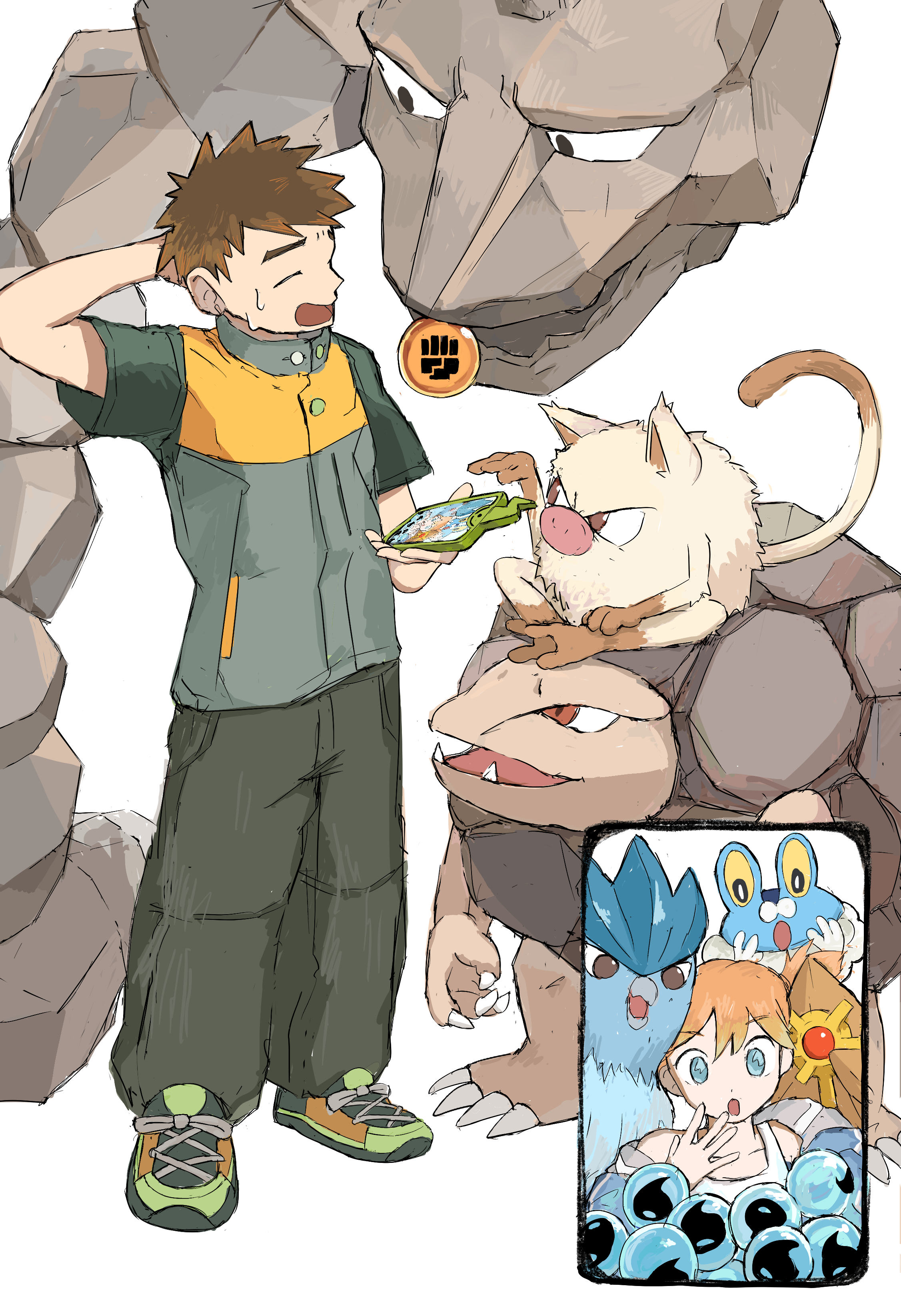 1boy 1girl absurdres arm_behind_head articuno black_pants brock_(pokemon) brown_hair closed_eyes commentary_request froakie gen_1_pokemon gen_4_pokemon gen_6_pokemon golem_(pokemon) highres jacket keina_(ke1na_h) legendary_pokemon looking_at_another mankey misty_(pokemon) multicolored_footwear nintendo onix open_mouth pants pokemon pokemon_(creature) pokemon_frlg pokemon_tcg pokemon_tcg_pocket rotom rotom_phone shoelaces short-sleeved_jacket short_sleeves simple_background staryu sweatdrop white_background