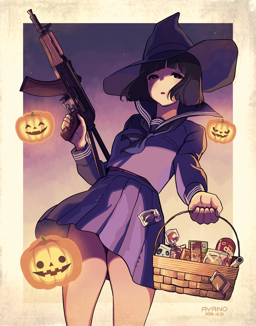 1girl aks-74u assault_rifle ayano10621435 basket black_hair candy chips_(food) dated expressionless food from_below gun halloween hat highres holding holding_basket jack-o&#039;-lantern jacket kalashnikov_rifle lollipop looking_at_viewer original potato_chips purple_jacket purple_serafuku purple_skirt rifle school_uniform serafuku short_hair skirt thighs weapon witch_hat