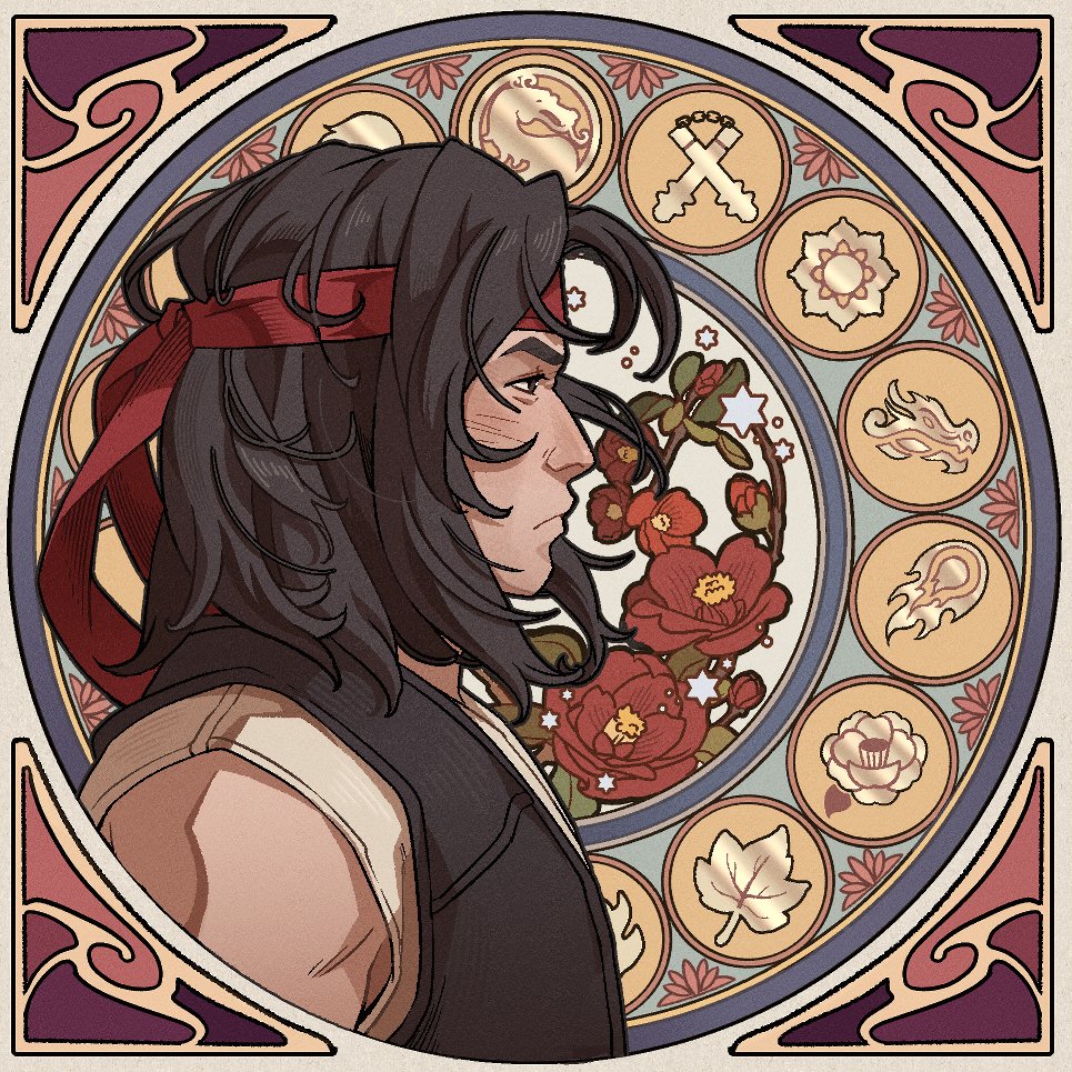 1boy art_nouveau black_hair black_vest blush border camellia closed_mouth flower from_side headband liu_kang logo looking_ahead male_focus medium_hair mortal_kombat_(series) mortal_kombat_11 nunchucku_brush ornate_border profile red_flower red_headband shirt sleeveless sleeveless_shirt solo star_(symbol) upper_body vest wenny02 white_flower white_shirt