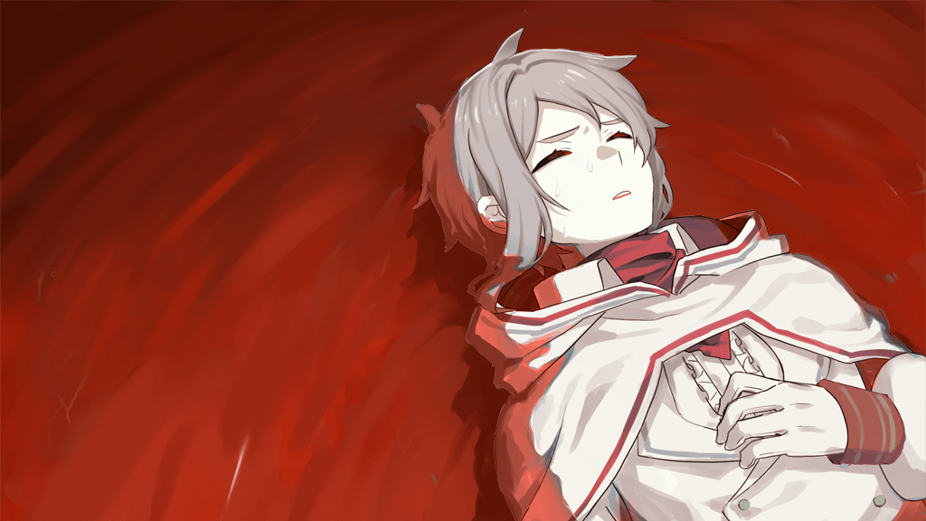 1boy afloat c3_games cloak fal_(raison_d&#039;etre) frills frown gloves grey_hair hand_on_own_chest hood hood_down hooded_cloak lipstick lying makeup on_back raison_d&#039;etre red_water skirt sweat turtleneck white_cloak white_gloves white_hood white_skirt