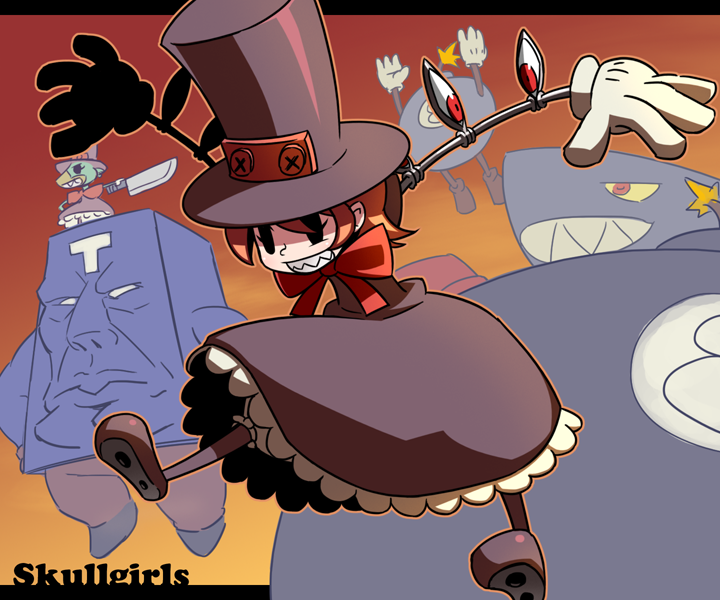 1girl 5boys andy_anvil avery_(skullgirls) black_eyes bomb boxing_gloves copyright_name dress explosive george_the_bomb gloves grin hakika hat knife lenny_the_bomb mechanical_arms multiple_boys orange_hair peacock_(skullgirls) red_eyes ribbon skullgirls smile tommy_ten-tons top_hat weapon