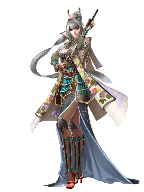 1girl antique_firearm armor artist_request bracer breasts capcom character_request faulds female_focus firearm firelock flintlock flower greaves gun hair_flower hair_ornament high_heels japanese_clothes large_breasts leggings long_hair long_skirt official_art onimusha onimusha_soul ponytail rifle sandals shoes side_slit silver_hair skirt solo toeless_legwear very_long_hair weapon