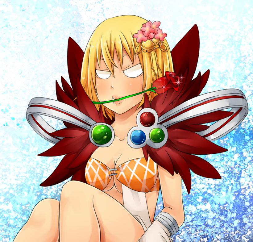 1girl alternate_color argyle_clothes argyle_dress bell blank_eyes blonde_hair blue_background blush breasts cleavage commentary_request detached_sleeves dress feet_out_of_frame flower flower_in_mouth fur_collar hair_bell hair_flower hair_ornament jingle_bell large_breasts meiko_(nattu303) open_mouth pink_flower ragnarok_online red_flower red_rose rose short_hair sitting solo sorcerer_(ragnarok_online) sparkle white_dress white_sleeves
