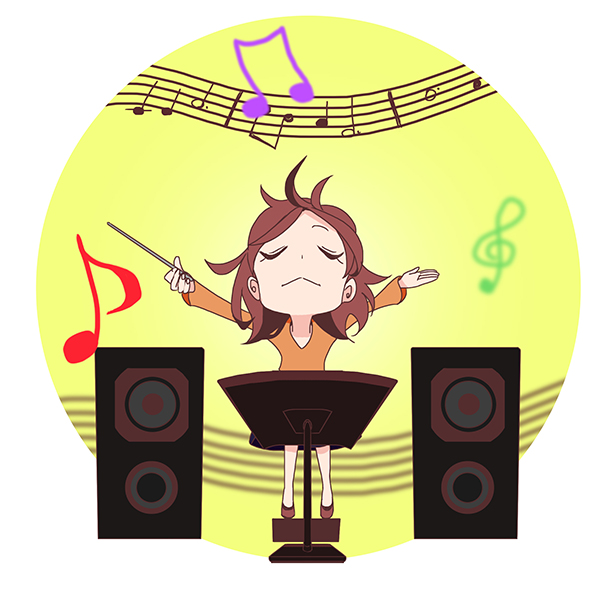 1girl anime_screenshot colorized commentary conductor conductor_baton higuchi_(trigger) music_stand musical_note official_art production_art promotional_art simple_background speaker trigger_(company)