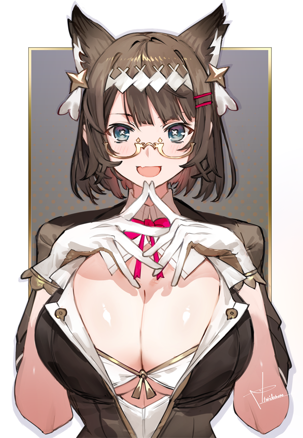 1girl animal_ears artist_name black_hair blue_eyes blush breasts cleavage detached_collar fang glasses gloves hair_ornament hairband hairclip large_breasts looking_at_viewer open_mouth original red_neckwear red_ribbon ribbon semi-rimless_eyewear short_hair signature skin_fang smile solo toridamono under-rim_eyewear upper_body white_gloves white_hairband x_x yellow-framed_eyewear