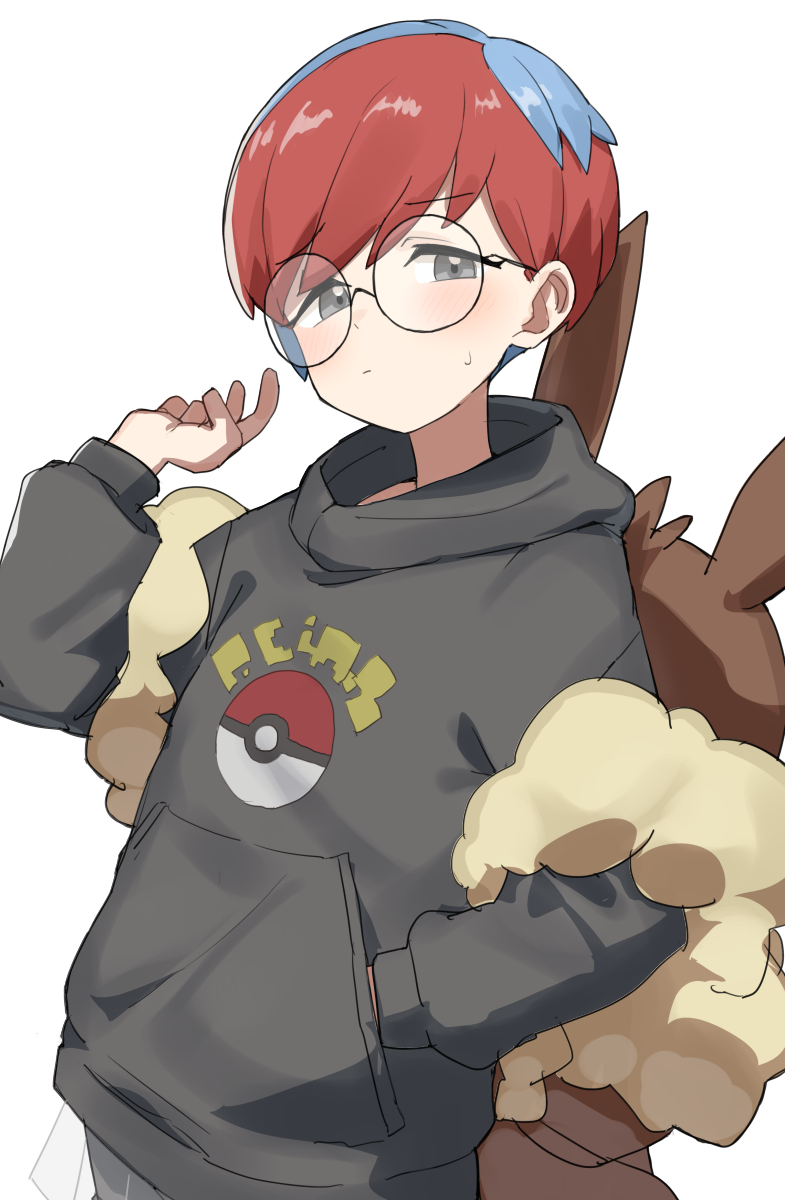 1girl black_hoodie blue_hair blush brown_bag gazacy_(dai) glasses grey_eyes hand_in_pocket highres hood hoodie long_sleeves looking_at_viewer multicolored_hair nintendo penny_(pokemon) poke_ball_print pokemon pokemon_sv red_hair round_eyewear see-through_clothes see-through_skirt short_hair shorts shorts_under_skirt skirt two-tone_hair white_background