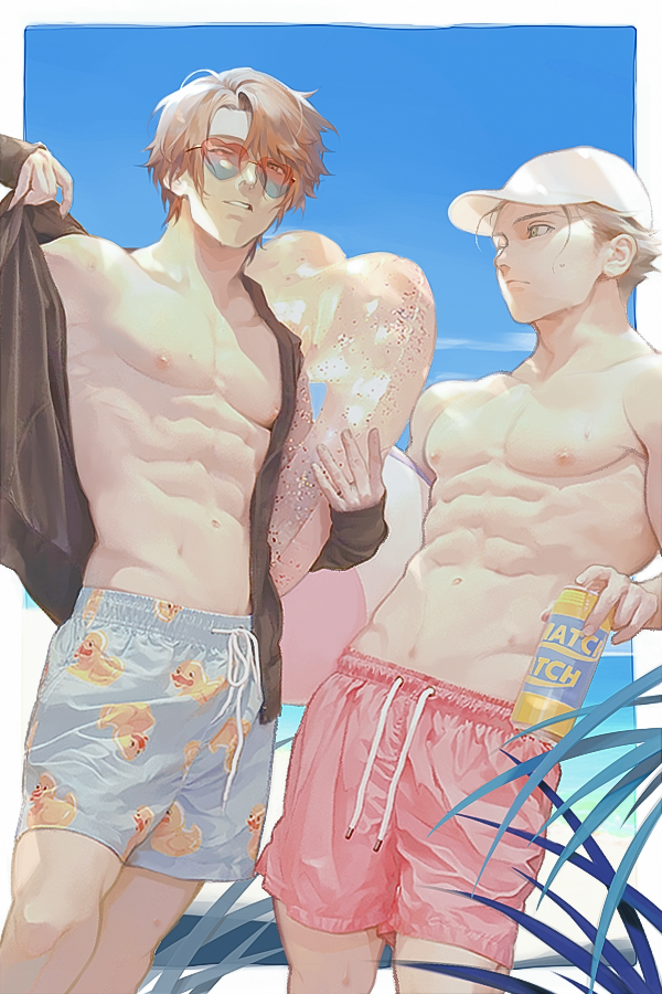 2boys abs ball bare_pectorals baseball_cap beach beachball black_shirt blonde_hair blue_male_swimwear brown_hair can cloud day hat heart-shaped_innertube holding holding_ball holding_can innertube large_pectorals looking_at_another m_gyakutai male_focus male_swimwear megido72 multiple_boys muscular muscular_male navel nipples open_clothes open_shirt outdoors pectorals pink_male_swimwear purson_(megido72) ronove_(megido72) shirt short_hair sky sunglasses swim_ring topless_male