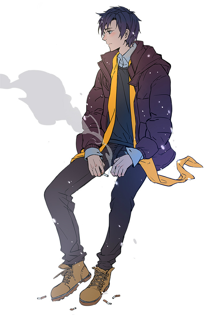 1boy black_eyes black_hair black_pants boots bullet cigarette coat collared_shirt full_body invisible_chair jacket jokerplaner long_sleeves male_focus pants quan_zhi_gao_shou scarf shirt shoes short_hair simple_background sitting smoke solo white_background ye_xiu yellow_scarf