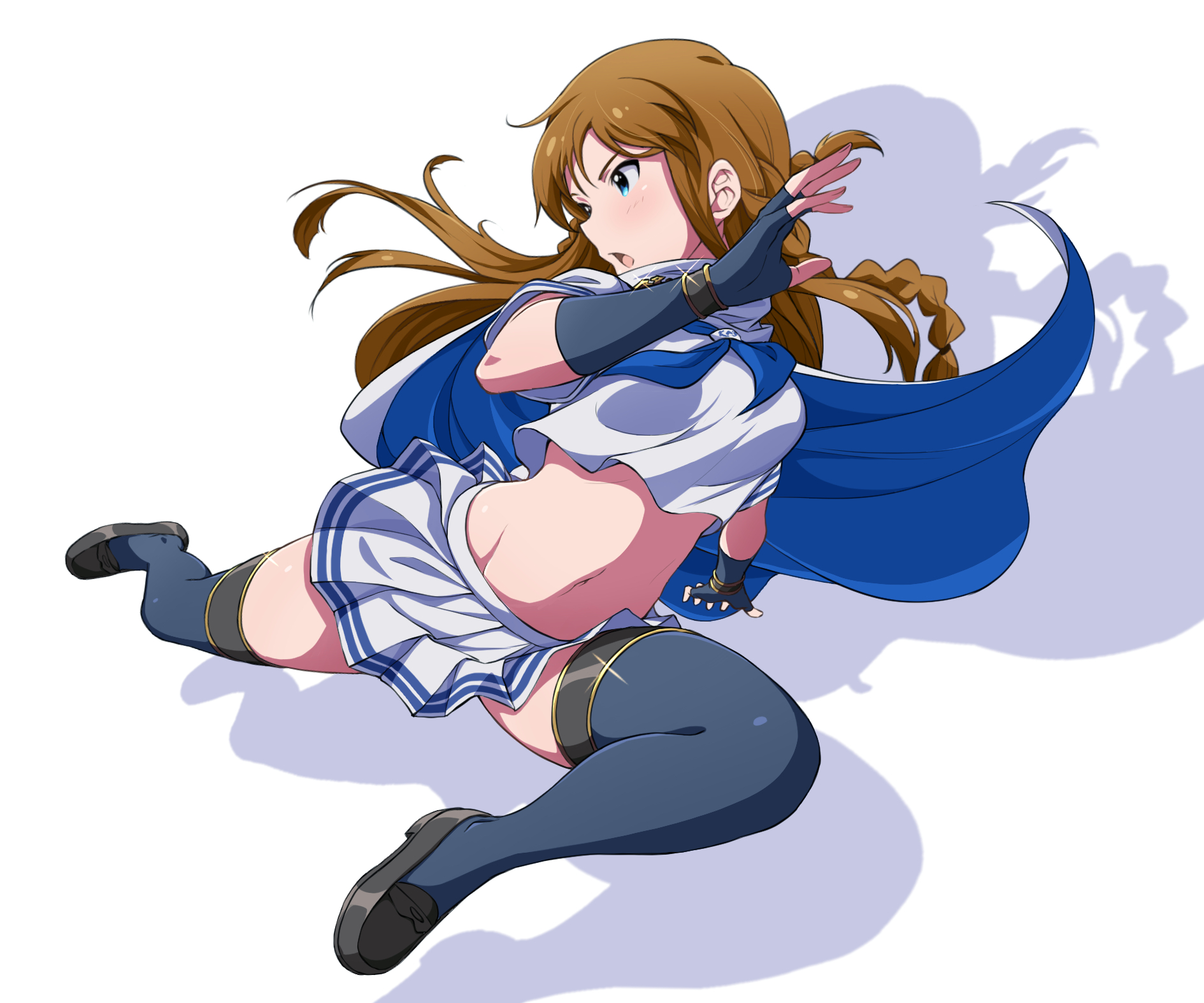 amulet asanaya black_gloves black_thighhighs blue_neckerchief braid brown_hair cloak crop_top fingerless_gloves full_body gloves green_eyes highres idol_heroes_(idolmaster) idolmaster idolmaster_million_live! idolmaster_million_live!_theater_days jumping kicking kousaka_umi loafers long_hair mighty_sailor miniskirt navel neckerchief pleated_skirt school_uniform serafuku shirt shoes skirt stomach thighhighs white_background white_cloak white_shirt white_skirt