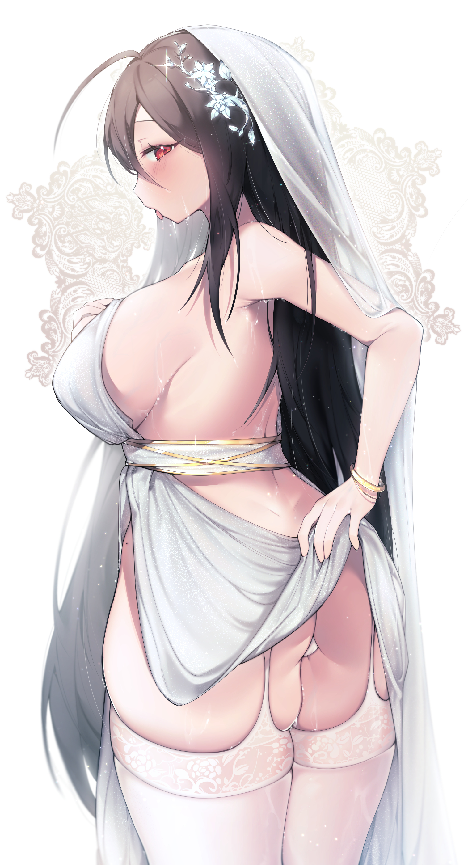 1girl absurdres ahoge ass back bare_shoulders black_hair bracelet breasts bride clothes_lift dress dress_lift female_focus hair_flower from_behind garter_straps hair_ornament highres huge_breasts jewelry large_breasts long_hair panties profile red_eyes revealing_clothes sen_light sideboob simple_background skindentation solo standing sweat sweatdrop nervous_sweating tagme thick_thighs thighhighs thighs tongue tongue_out underwear very_long_hair wedding_dress wet white_background white_dress white_legwear white_panties white_thighhighs