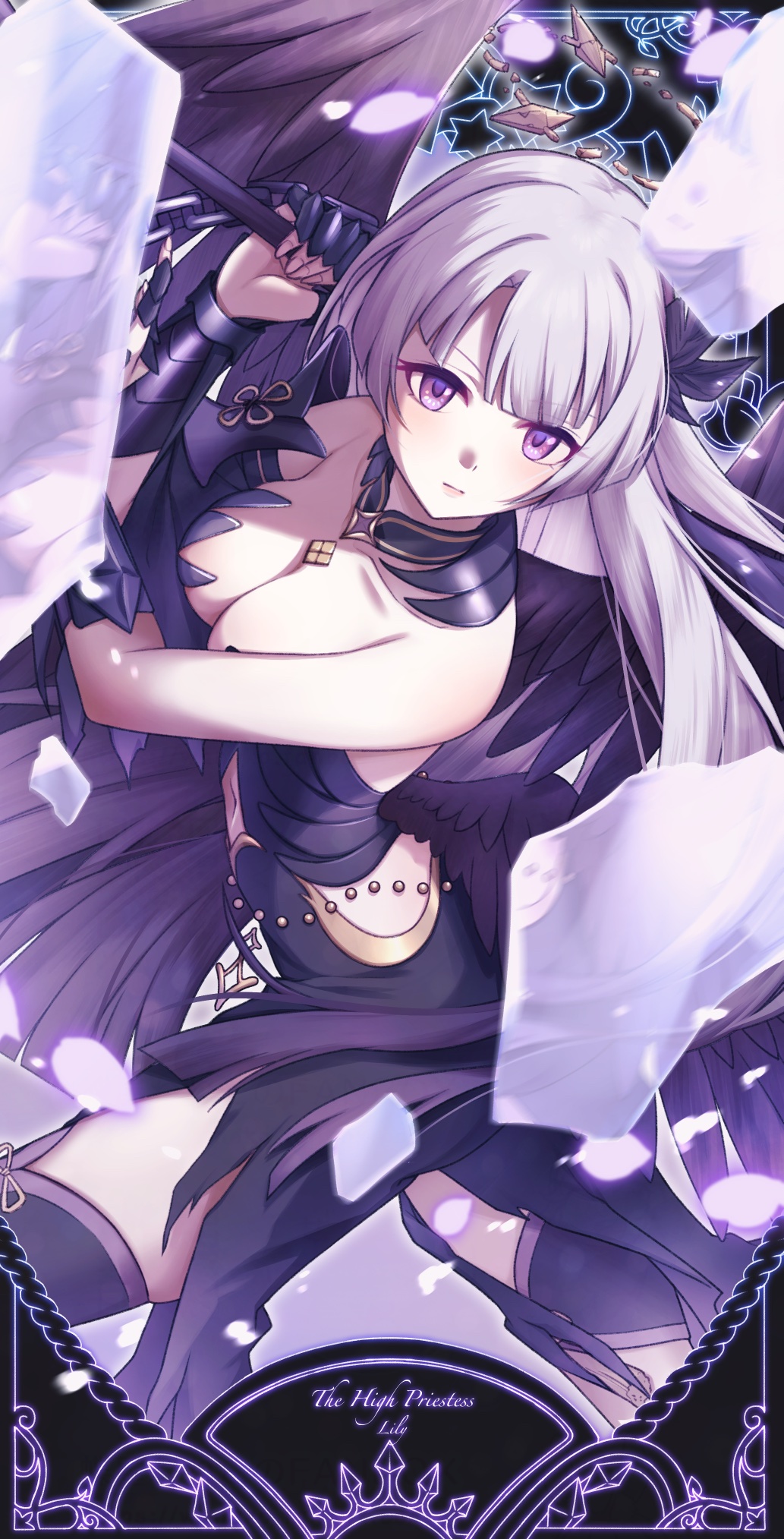 1girl altheavin armored_gloves black_wings boots breasts broken_halo character_name feathered_wings halo highres large_breasts lily_(fallen)_(princess_connect!) lily_(princess_connect!) long_hair princess_connect! purple_eyes solo tarot thigh_boots white_hair wings