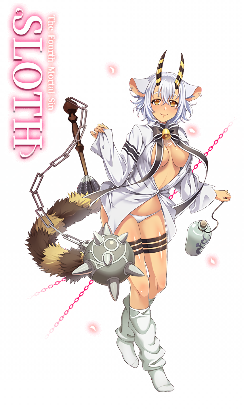 1girl animal_ears bell belphegor_(sin_nanatsu_no_taizai) belphegor_(the_seven_deadly_sins) breasts demon_girl fang food highres horns indian_style loose_socks medium_breasts navel nearly_naked_shirt no_pants official_art one_eye_closed open_clothes open_mouth open_shirt orange_eyes panties shirt sin_nanatsu_no_taizai sitting socks solo tail the_seven_deadly_sins underboob underwear weapon white_hair wince wink yawning