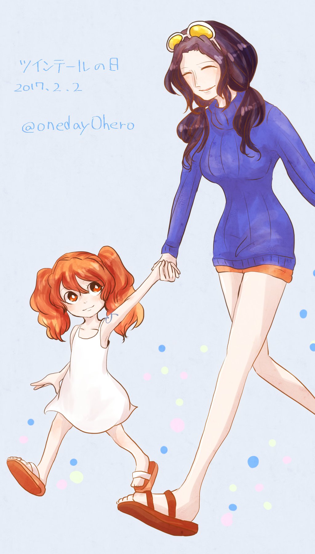 2girls ^_^ black_hair blue_background blue_dress closed_eyes dated dress full_body hair_between_eyes hand_grab highres looking_at_another multiple_girls nami_(one_piece) nico_robin one_piece one_piece_film:_z oneday0hero orange_eyes orange_hair sandals tinted_eyewear twintails twitter_username white_dress yellow-tinted_eyewear