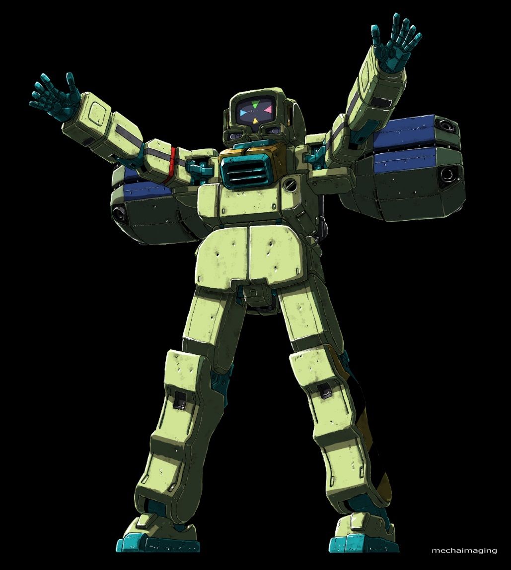 black_background gundam gundam_g_no_reconguista looking_ahead mecha mobile_suit no_humans open_hands recten robot science_fiction screen solo standing yamada_yuuji