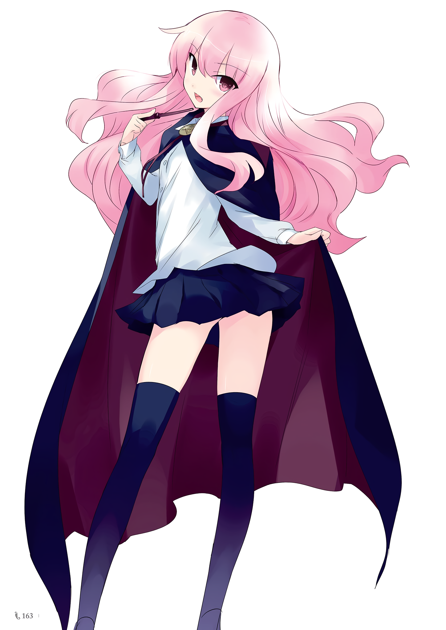 1girl :d artbook blue_cloak blue_skirt blue_thighhighs bolo_tie cloak dot_nose from_behind highres holding holding_wand long_hair looking_at_viewer looking_back louise_francoise_le_blanc_de_la_valliere official_art open_mouth page_number pentacle pentagram pink_hair pleated_skirt shirt simple_background skirt smile solo thighhighs usatsuka_eiji very_long_hair wand white_background white_shirt zero_no_tsukaima zettai_ryouiki