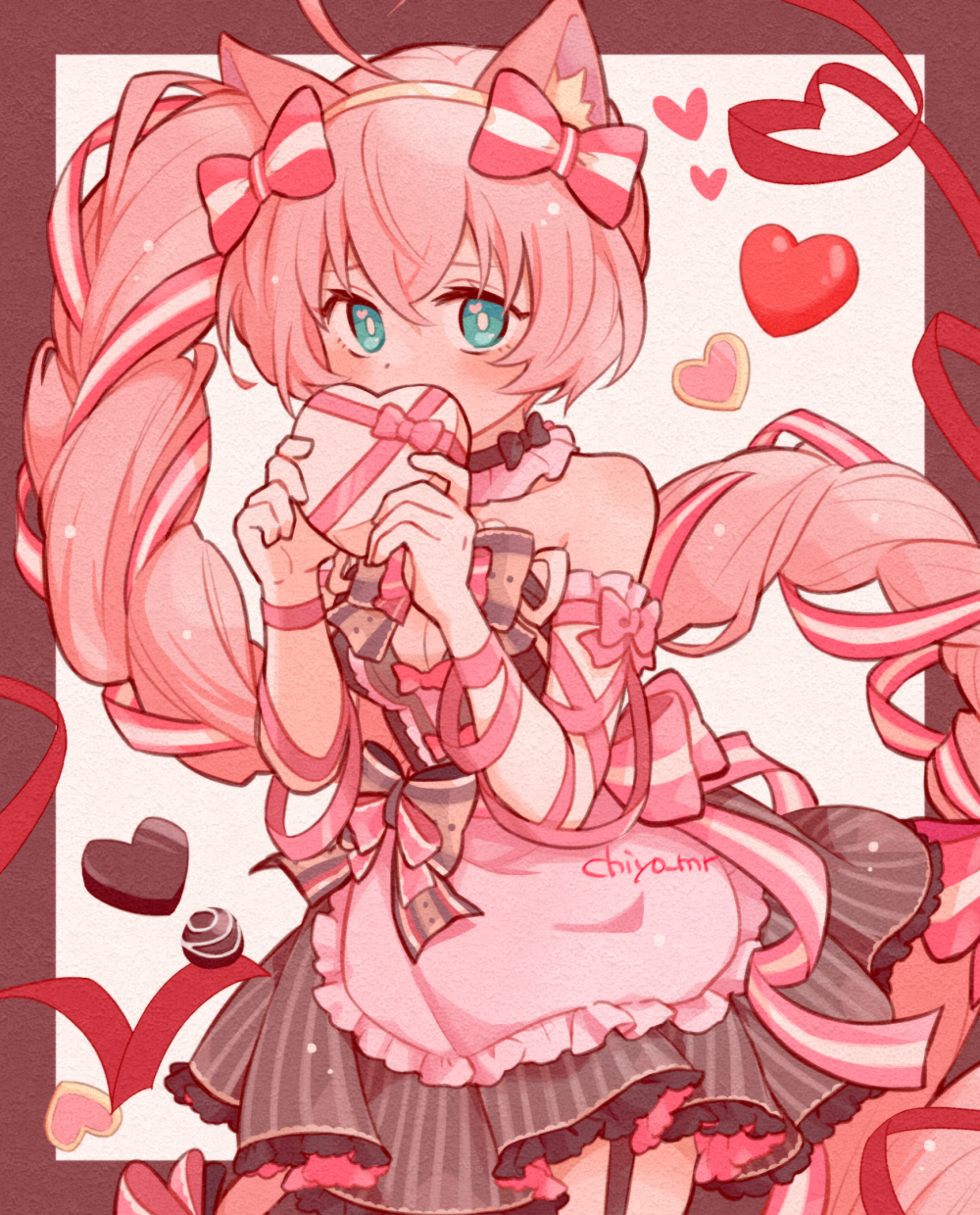 1girl ahoge alternate_costume alternate_hairstyle animal_ears apron arm_wrap artist_name bare_shoulders blue_eyes blush border bow box braid braided_ponytail brown_border brown_dress candy cat_ears cat_girl cat_tail chiyo_nori chocolate chocolate_heart collar covered_mouth cowboy_shot dress floating_hair food frilled_apron frilled_collar frilled_dress frills hair_bow hair_ribbon hairband heart heart-shaped_box highres holding holding_box long_hair looking_at_viewer outside_border pink_apron pink_hair ribbon rosia_(show_by_rock!!) show_by_rock!! side_ponytail signature simple_background single_braid solo standing tail waist_apron white_background yellow_hairband