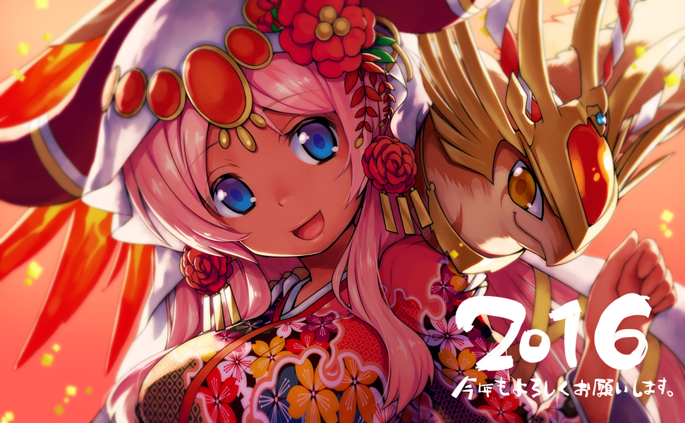 10s 1girl 2016 :d bird blue_eyes dark_skin falcon floral_print flower hair_flower hair_ornament hathor_(p&amp;d) headdress horns horus_(p&amp;d) japanese_clothes kimono long_hair new_year nijuu on_shoulder open_mouth pink_hair puzzle_&amp;_dragons smile yellow_eyes