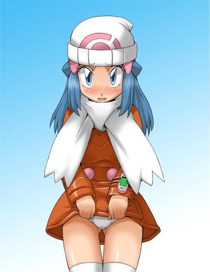 00s 1girl alternate_costume beanie cat clothes_lift dawn_(pokemon) female_focus hat jouwan nintendo panties pantyshot pokemon pokemon_dppt scarf skirt skirt_lift solo thighhighs underwear upskirt winter_clothes