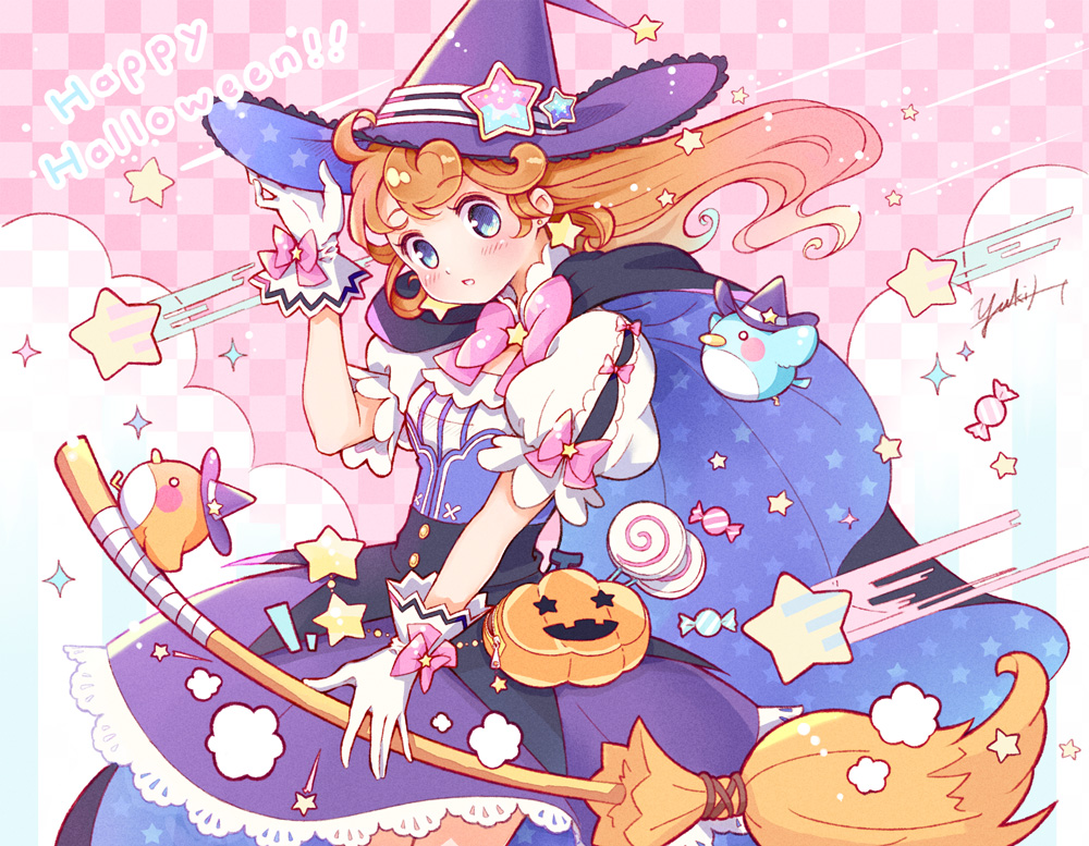 1girl bag bird black_cape blonde_hair blue_eyes blush broom candy cape cloud commentary_request corset cowboy_shot curly_hair dress earrings fanny_pack food frilled_gloves frilled_sleeves frills gloves halloween happy_halloween hat hat_ornament jack-o&#039;-lantern jewelry lace_skirt lollipop long_hair looking_at_viewer open_clothes original puffy_short_sleeves puffy_sleeves pumpkin purple_dress ribbon_trim ringomaru_(omanju-oo) shooting_star short_sleeves star_(symbol) star_earrings star_hat_ornament star_print white_gloves witch witch_hat