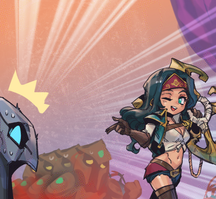 1boy 1girl 4others ;d ^^^ ambiguous_gender azir belt black_hair boomerang breasts brown_gloves cleavage commentary gloves gradient_background green_eyes green_jacket helmet holding holding_weapon jacket large_breasts league_of_legends long_hair multiple_others navel one_eye_closed open_clothes open_jacket open_mouth phantom_ix_row shorts sivir smile sweat symbol-only_commentary teeth thighhighs upper_teeth_only weapon