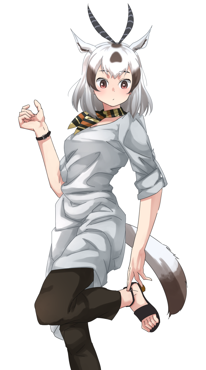 1girl alternate_costume animal_ears arabian_oryx_(kemono_friends) black_pants blush brown_eyes brown_hair capri_pants casual cowboy_shot gazelle_ears gazelle_horns high_heels highres kemono_friends long_shirt multicolored_hair neckerchief pants sandals scarf shirt short_hair short_sleeves solo standing standing_on_one_leg striped_neckerchief t-shirt tanabe_(fueisei) watch white_shirt