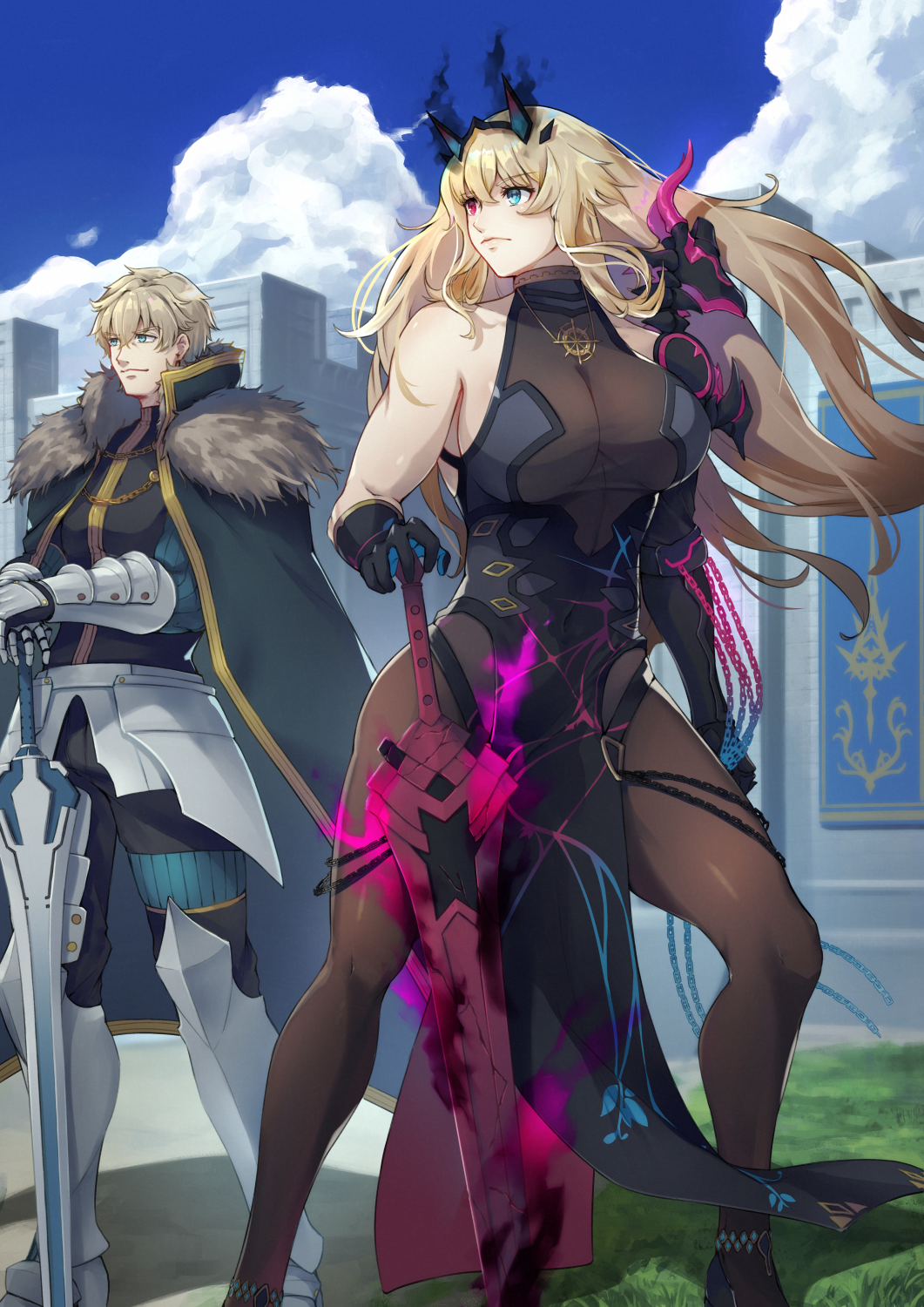 1boy 1girl asymmetrical_gloves barghest_(fate) barghest_(second_ascension)_(fate) black_dress blonde_hair blue_eyes breasts brother_and_sister cape castle darkness dress excalibur_galatine_(fate) fate/grand_order fate_(series) fur-trimmed_cape fur_trim gauntlets gawain_(fate) gloves heterochromia highres large_breasts long_hair nakaga_eri pantyhose red_eyes siblings