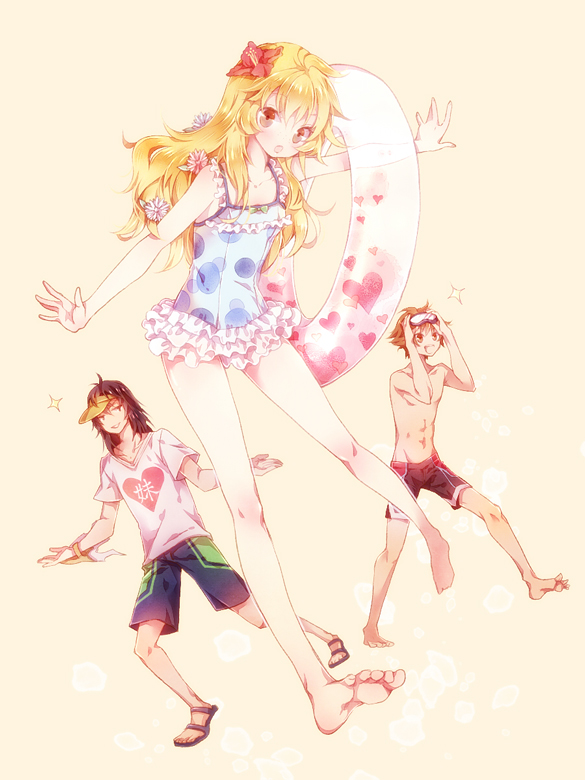 1girl 2boys abs bare_shoulders barefoot beryl_benito black_hair blonde_hair blush brown_eyes brown_hair flat_chest flower frills heart hisui_hearts long_hair multiple_boys open_mouth sandals kor_meteor short_hair shorts swimsuit tales_of_(series) tales_of_hearts