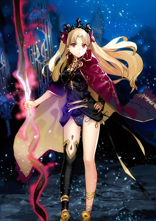 1girl asymmetrical_legwear asymmetrical_sleeves black_choker black_leotard black_thighhighs blonde_hair blue_background bow breasts cape choker closed_mouth contrapposto curtained_hair earrings ereshkigal_(fate) expressionless fate/grand_order fate_(series) feet_out_of_frame fingernails floating_hair glowing glowing_weapon gold_anklet hair_bow hand_on_own_hip holding holding_polearm holding_weapon hood hood_down hooded_cape jewelry leotard light_particles long_hair long_sleeves looking_at_viewer medium_breasts meslamtaea_(fate) morii_shizuki multiple_anklets nail_polish official_art polearm red_bow red_cape red_eyes sash shoulder_sash single_bare_leg single_thighhigh skull solo spear standing thighhighs third-party_source tiara two-sided_cape two-sided_fabric two_side_up variant_set weapon