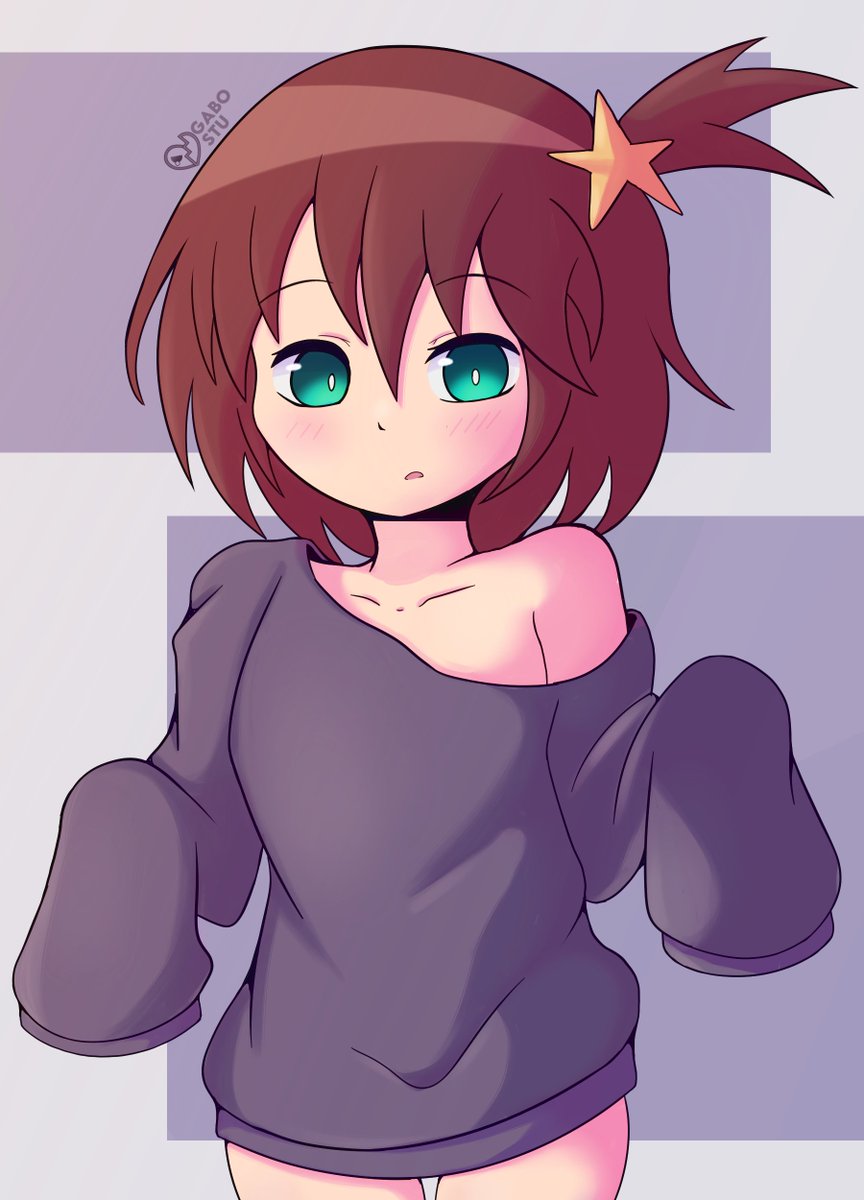 1girl aqua_eyes brown_hair gabostu hair_ornament highres luluco revealing_clothes shirt short_hair thighs uchuu_patrol_luluco