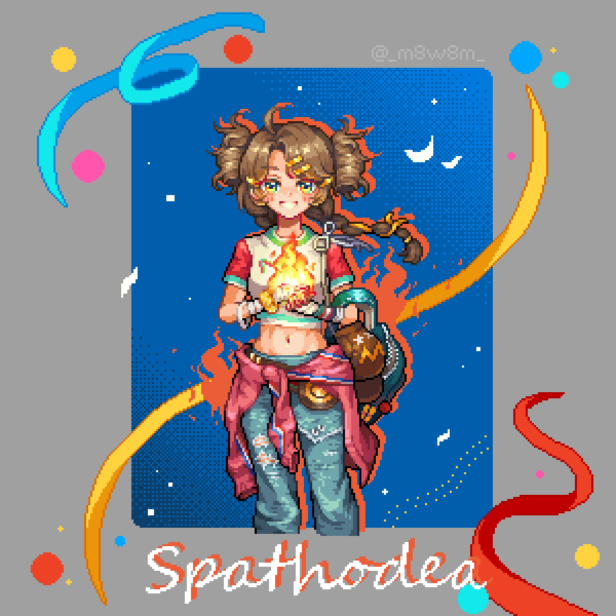 1girl artist_name backpack bag bandaged_arm bandages blue_background blue_bag blue_eyes blue_pants border boxing_gloves braid brown_gloves brown_hair character_name clothes_around_waist denim double_bun drop_shadow feet_out_of_frame fire flaming_hand gloves grey_border grin hair_bun hair_ornament hairclip hands_up jeans long_hair low_twin_braids m8w8m midriff navel pants pixel_art pixel_text reverse:1999 scrunchie shirt smile solo spathodea_(reverse:1999) standing streamers t-shirt twin_braids twitter_username unworn_gloves white_shirt wrist_scrunchie wristband yellow_scrunchie