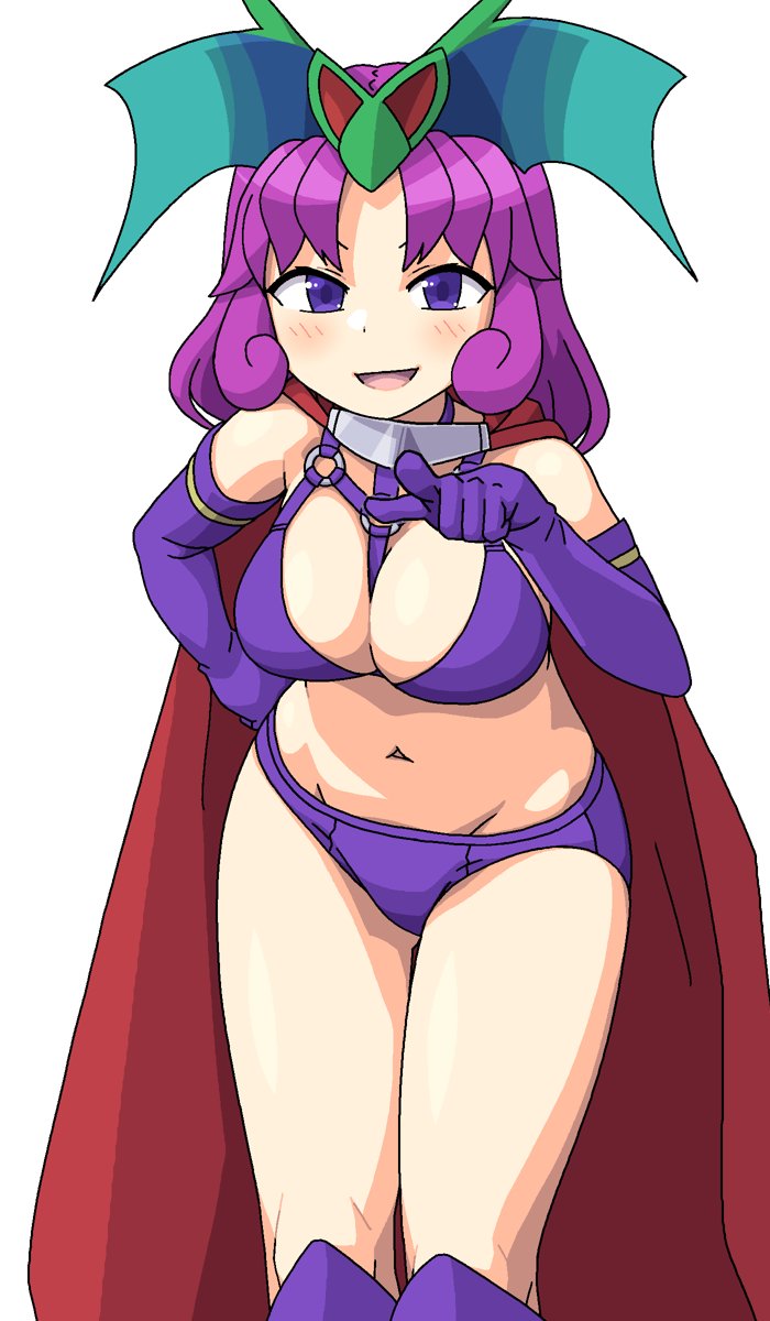 1girl bikini breasts cape cleavage elbow_gloves gloves highres large_breasts looking_at_viewer maruput monster_girl navel open_mouth purple_bikini purple_eyes purple_gloves purple_hair purple_thighhighs red_cape saga saga_frontier short_hair simple_background smile solo swimsuit thighhighs white_background