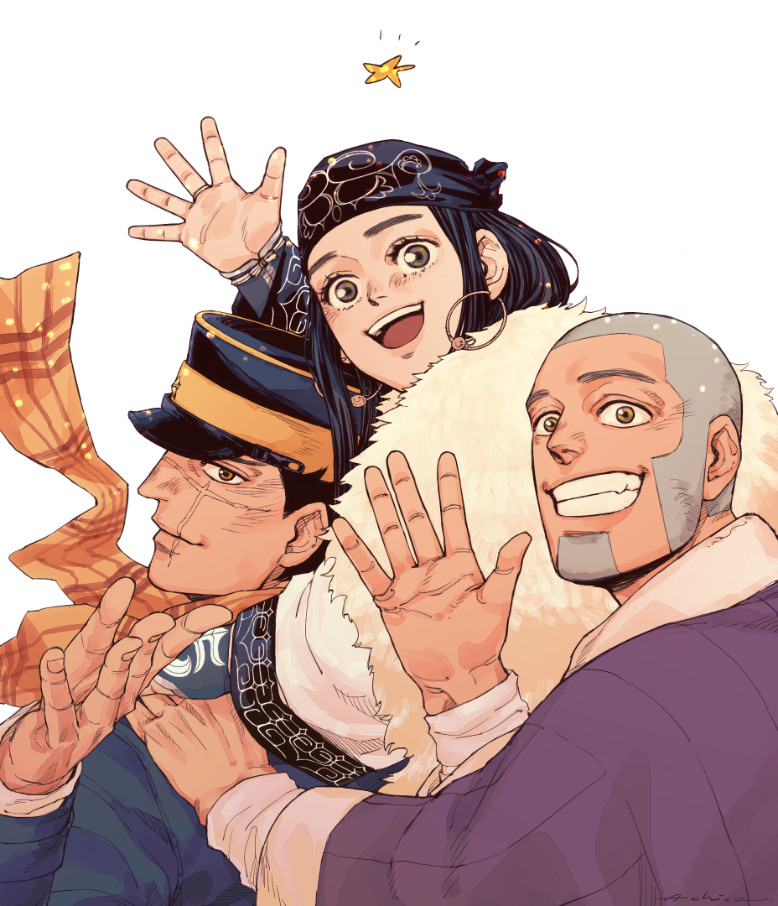 1girl 2boys achio888 asirpa black_hair black_hat brown_eyes crew_cut earrings eyelashes facial_hair goatee golden_kamuy grin hand_on_another&#039;s_shoulder hat hoop_earrings jewelry long_sideburns multiple_boys orange_scarf scar scar_on_face scarf shiraishi_yoshitake sideburns smile star_(symbol) sugimoto_saichi teeth upper_teeth_only waving white_background