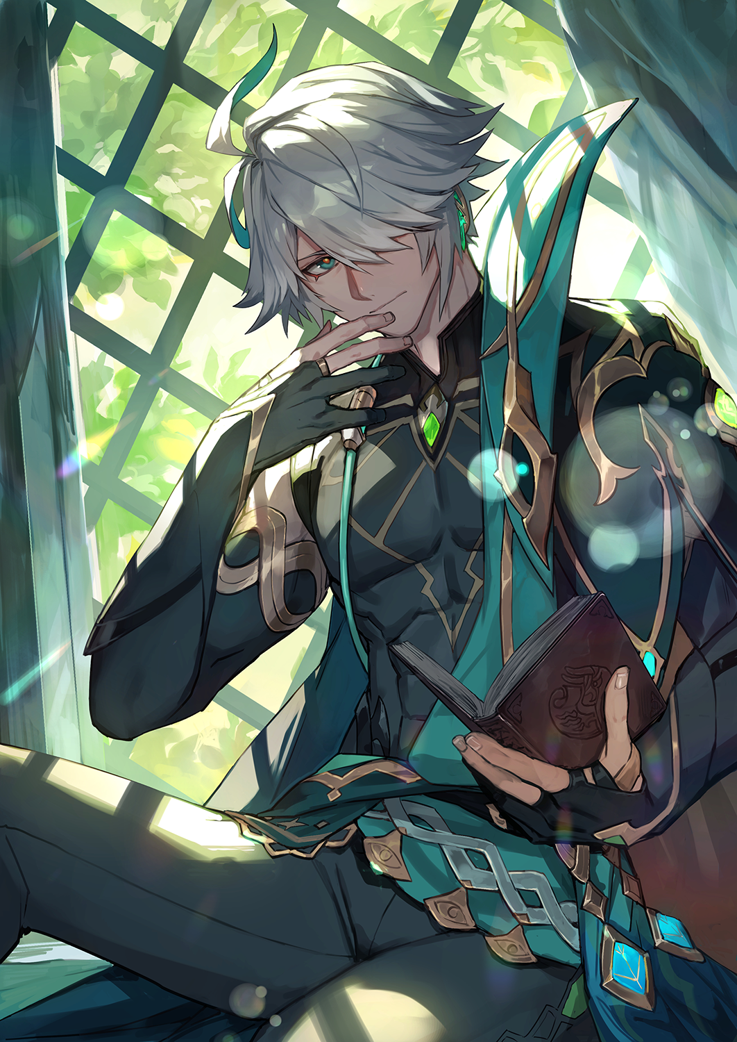 1boy abs alhaitham_(genshin_impact) black_gloves black_pants book cape closed_mouth commentary_request curtains detached_sleeves gem genshin_impact gloves gold_trim green_eyes green_gemstone green_hair grey_hair hair_between_eyes hair_over_one_eye highres holding holding_book indoors lack looking_at_viewer male_focus multicolored_hair one_eye_covered open_book pants partially_fingerless_gloves short_hair sitting solo streaked_hair toned toned_male vision_(genshin_impact) window