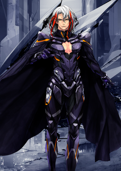 1boy aigis_(fate) armor armored_bodysuit black_bodysuit black_hair bodysuit cape cleavage_cutout closed_mouth clothing_cutout fate/grand_order fate_(series) feet_out_of_frame game_cg gradient_hair grey_background grey_hair hair_between_eyes hand_up high_collar looking_at_viewer male_focus medium_hair multicolored_hair odysseus_(fate) official_art pectorals purple_armor purple_cape red_streaks redjuice solo standing streaked_hair third-party_source variant_set white_hair yellow_eyes