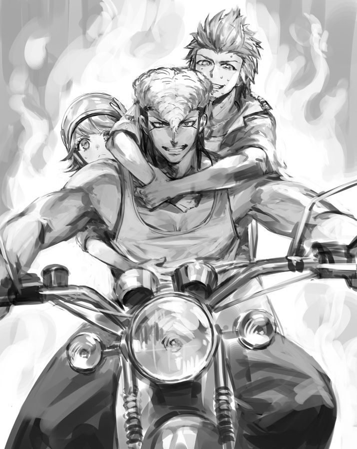 3boys arms_around_neck bare_arms bare_shoulders beard bicycle_helmet closed_mouth collarbone collared_shirt commentary_request danganronpa:_trigger_happy_havoc danganronpa_(series) determined eyelashes facial_hair feet_out_of_frame fire frown fujisaki_chihiro goatee greyscale grin hair_between_eyes hand_on_headwear helmet holding_own_wrist kuwata_leon lapels looking_at_viewer male_focus monochrome motor_vehicle motorcycle multicolored_hair multiple_boys naoko_(artist) nervous_smile nervous_sweating no_coat notched_lapels on_motorcycle open_clothes open_shirt owada_mondo pants pectoral_cleavage pectorals pompadour riding shirt short_hair short_sleeves smile sparkle straight-on sweat sweatdrop tank_top tied_beard toned toned_male two-tone_hair