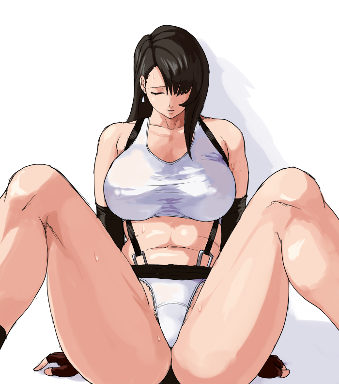 1girl 78_(tky8) ass bare_legs bare_shoulders belt black_gloves breasts closed_eyes covered_erect_nipples elbow_gloves eyebrows_hidden_by_hair final_fantasy final_fantasy_vii fingerless_gloves gloves hair_between_eyes hair_over_one_eye large_breasts legs_up nipples red_gloves shadow sitting skirt solo sports_bra stomach thick_thighs thighs tifa_lockhart underwear vest