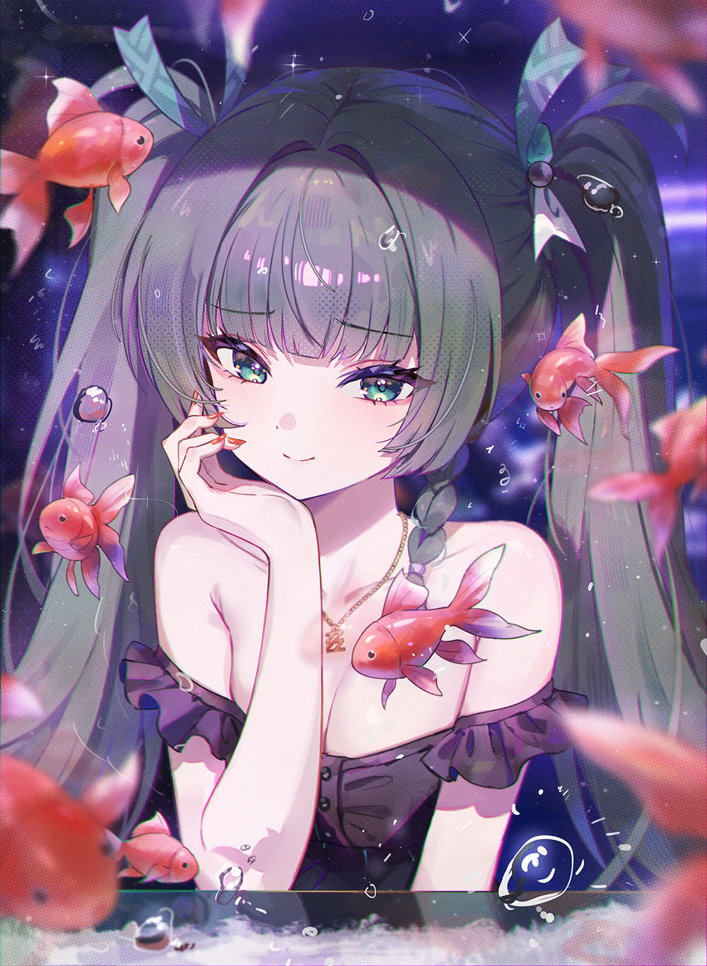 1girl alternate_costume android braid braided_sidelock breasts cleavage collarbone dress fish frilled_dress frills goldfish green_eyes green_hair highres jewelry mrr_05 nail_polish necklace off-shoulder_dress off_shoulder qingyi_(zenless_zone_zero) robot_girl side_braids small_breasts solo zenless_zone_zero