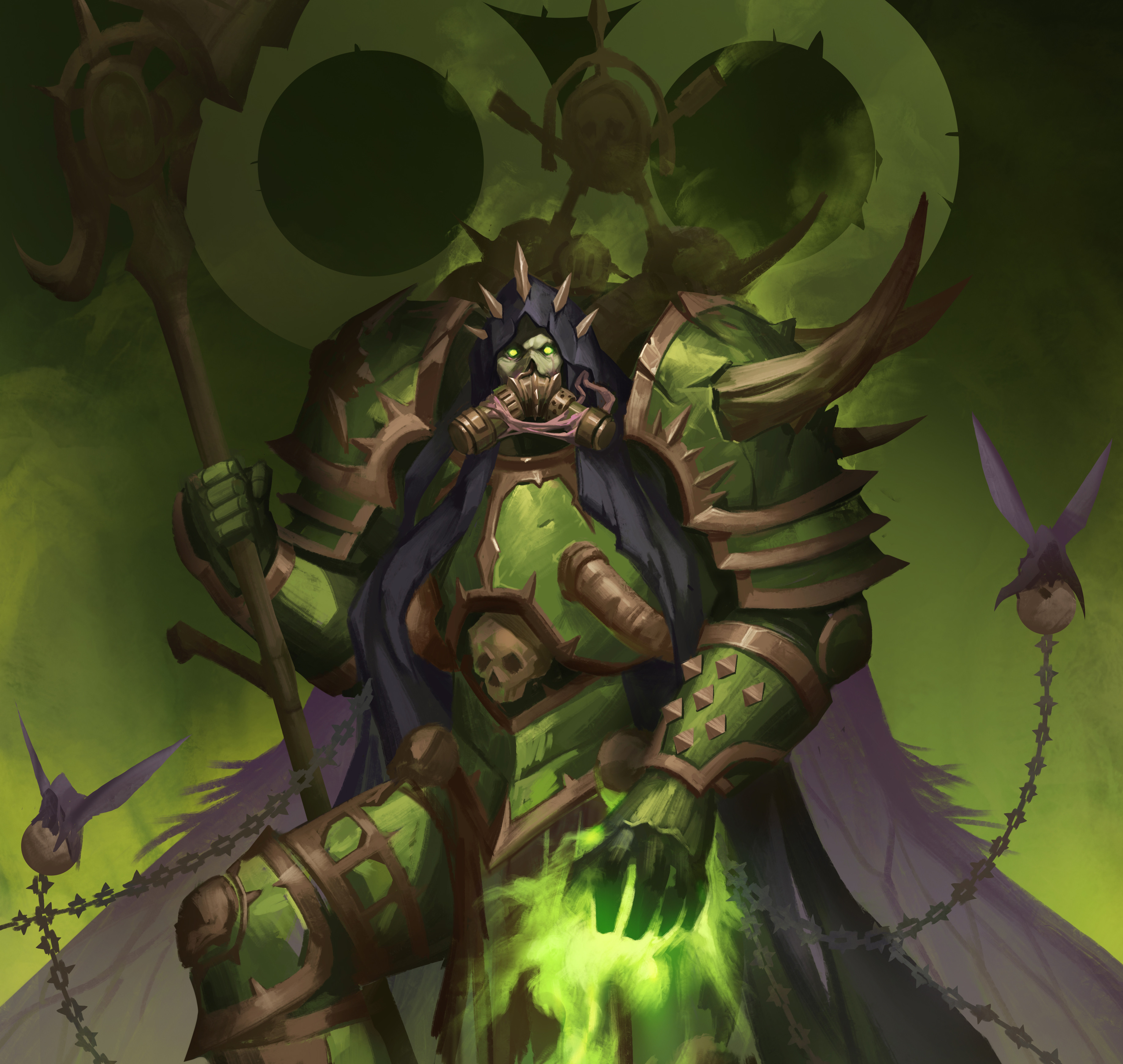 1boy absurdres armor breastplate captain_morgan_pose carrying censer chain chaos_(warhammer) cloak commentary commentary_request couter cuirass cuisses damaged death_guard demon_primarch demon_wings english_commentary flying fumes gauntlets glowing glowing_eyes gradient_background greaves green_armor green_background green_eyes green_theme highres holding holding_scythe holding_weapon hood hooded_cloak insect_wings layered_armor leg_armor leg_up magic male_focus mask mortarion moth_wings no_pupils nurgle nurgle_(symbol) outdoors pauldrons pelvic_curtain poleyn power_armor primarch purple_hood rebreather rerebrace respirator rot_fly scythe shoulder_armor silence_(weapon) skull skull_ornament slime_(substance) solo spiked_armor spiked_hood spiked_pauldrons spikes straight-on veins warhammer_40k weapon wings zhangke_24