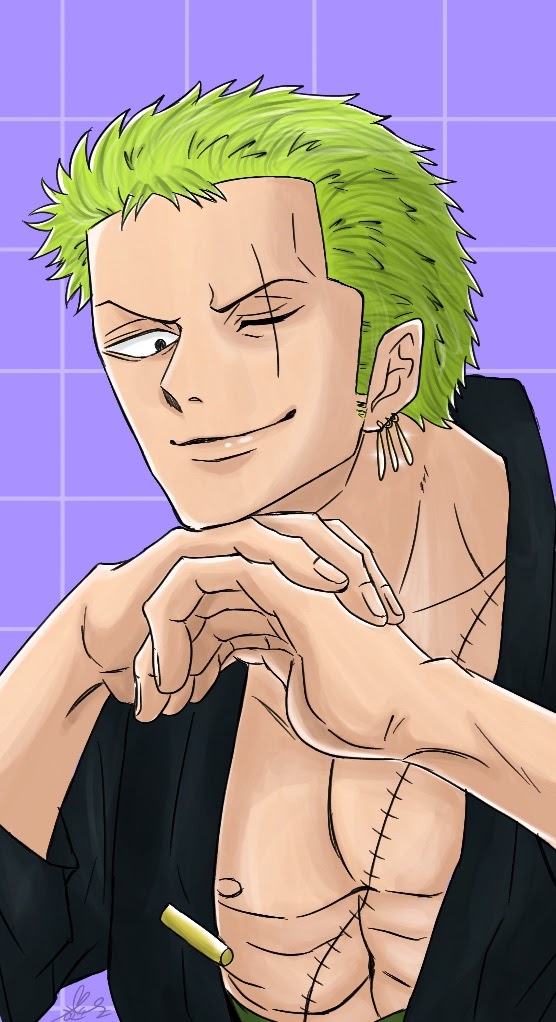 1boy commentary_request earrings green_hair japanese_clothes jewelry kimono lezor male_focus one_piece purple_background roronoa_zoro short_hair sideburns signature smile solo stitched_torso stitches upper_body