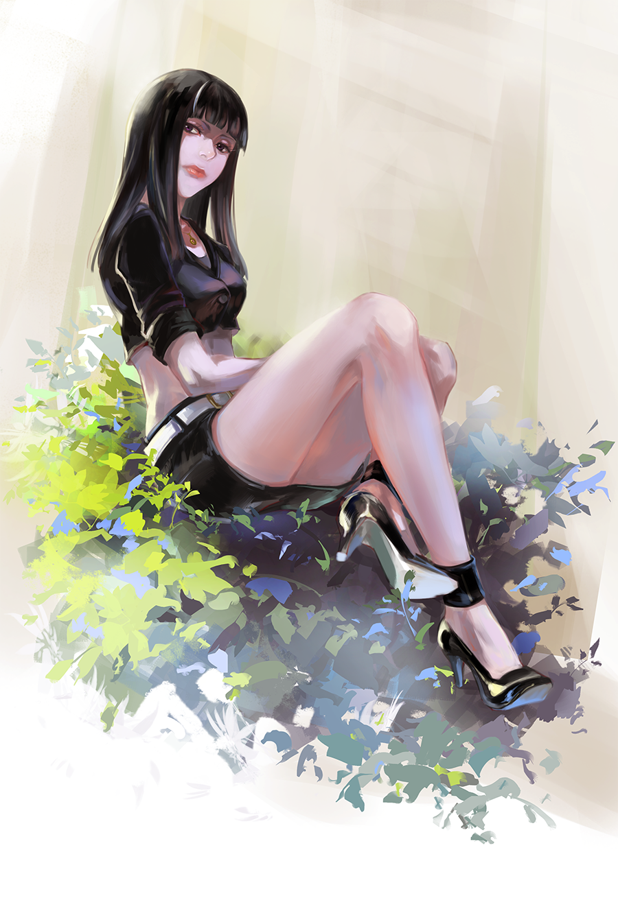 10s 1girl belt black_hair black_shirt black_skirt blunt_bangs chiyuki_(death_parade) death_parade female_focus high_heels highres jewelry kurokami_no_onna legs lipstick makeup midriff miniskirt mr.jj multicolored_hair no_socks pendant plant purple_eyes red_lips shirt sitting skirt solo