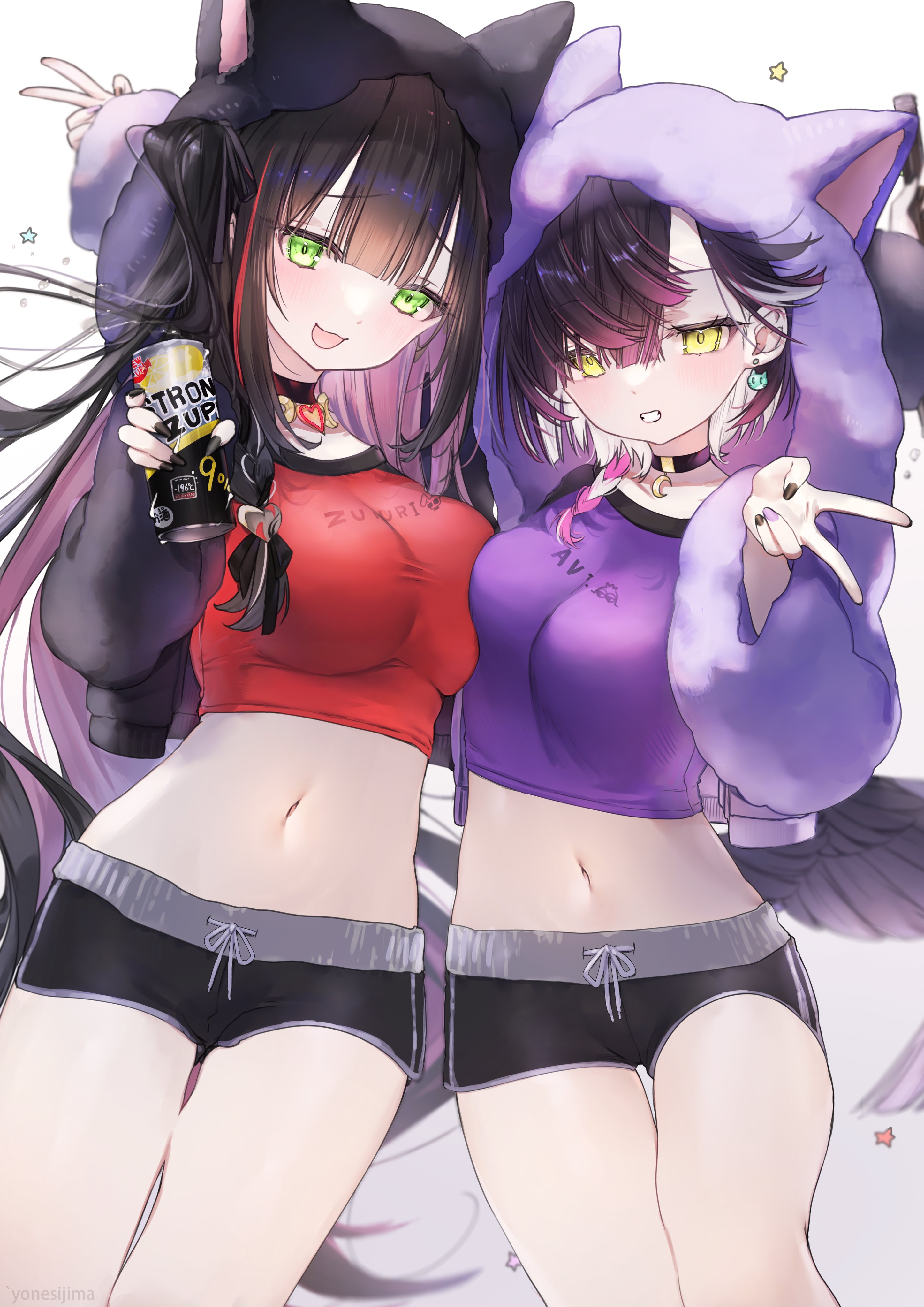 2girls :d absurdres animal_ear_hood black_hair black_nails black_shorts braid breasts can character_name choker colored_inner_hair commentary_request earrings fake_animal_ears green_eyes green_hair grin highres holding holding_can hood hood_up jacket jewelry looking_at_viewer louise_priere multicolored_hair multicolored_nails multiple_girls navel open_mouth pink_hair purple_hair purple_jacket purple_nails purple_shirt red_hair red_shirt shirt short_shorts shorts smile streaked_hair teeth tsukiyoi_avi v varium white_background white_hair yellow_eyes yonesijima