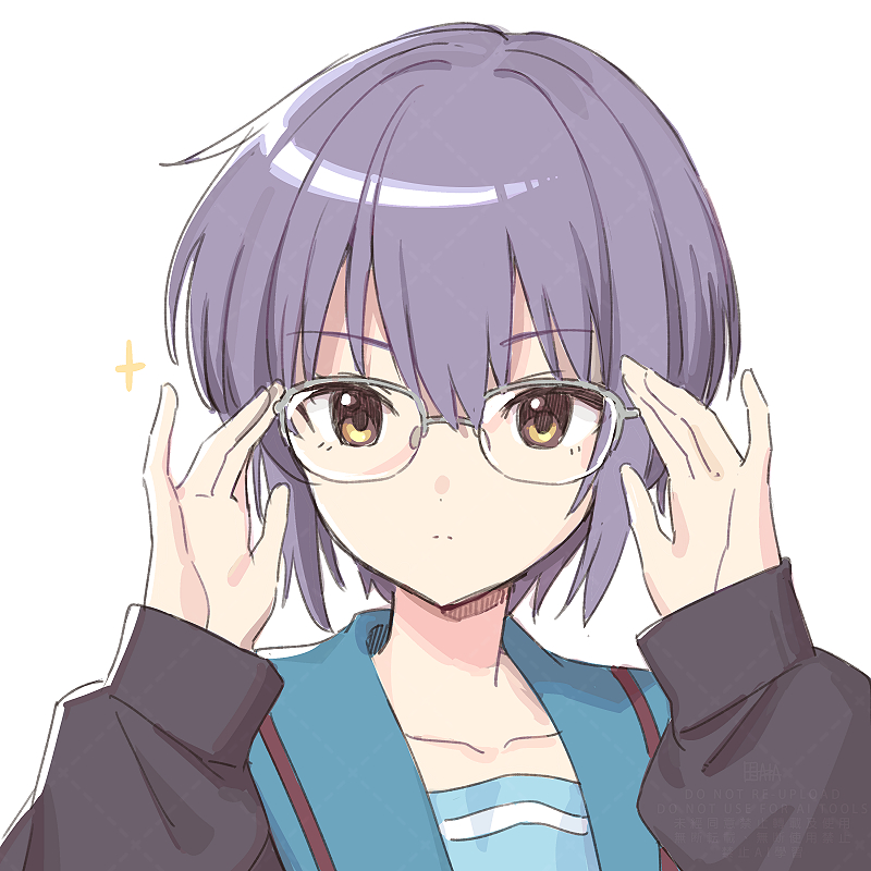 1girl a-ka adjusting_eyewear blue_sailor_collar brown_cardigan brown_eyes cardigan collarbone glasses hair_between_eyes kita_high_school_uniform long_sleeves nagato_yuki over-rim_eyewear sailor_collar school_uniform semi-rimless_eyewear serafuku short_hair solo sparkle suzumiya_haruhi_no_yuuutsu winter_uniform