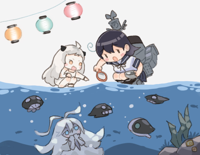 3girls abyssal_ship ahoge black_hair black_sailor_collar blue_skirt bowl character_request colored_skin horns kantai_collection lantern long_hair machinery multiple_girls northern_little_sister orange_eyes partially_underwater_shot pleated_skirt poi_(goldfish_scoop) saiguchi_otoufu sailor_collar school_uniform serafuku skirt smokestack squatting standing standing_on_liquid submerged underwater ushio_(kancolle) water white_hair white_skin