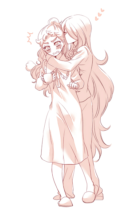2girls blush cup cynthia_(pokemon) diantha_(pokemon) heart holding holding_cup hug hug_from_behind ivory_(25680nico) kiss long_hair multiple_girls nintendo parted_lips pokemon pokemon_dppt pokemon_xy simple_background sleepwear slippers teacup very_long_hair white_background yuri