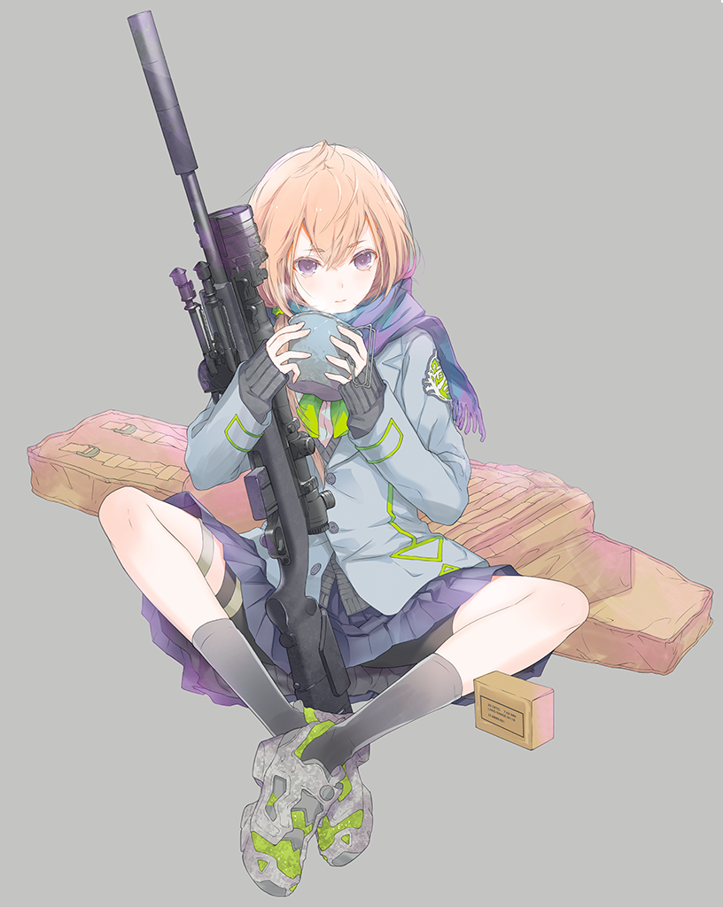 1girl bike_shorts blonde_hair bolt_action commentary female_focus full_body fuyuno_haruaki grey_background gun indian_style little_armory pleated_skirt purple_eyes remington_model_700 rifle scarf school_uniform shoes short_hair sitting skirt sneakers sniper_rifle solo suppressor tomytec weapon