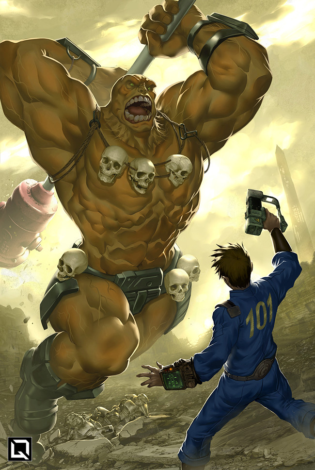 2boys abs artist_logo battle blue_jumpsuit brown_hair cloud cloudy_sky colored_skin fallout fallout_3 green_eyes gun holding holding_gun holding_weapon jumpsuit kuroi-tsuki logo lone_wanderer multiple_boys muscular muscular_male outdoors pip_boy rubble short_hair skull sky super_mutant teeth vault_suit veins weapon