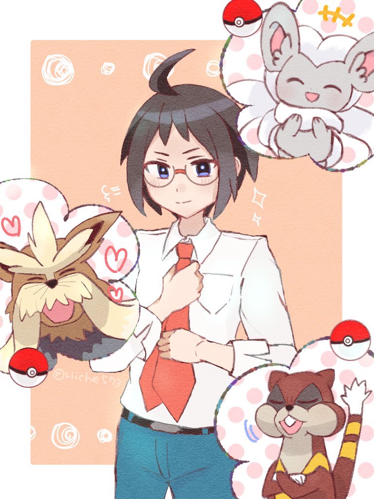 +++ 1boy adjusting_clothes adjusting_necktie ahoge belt belt_buckle black_belt blue_eyes blush breast_pocket buckle cheren_(pokemon) chira_(riiche573) cinccino closed_mouth collared_shirt commentary_request gen_5_pokemon glasses heart male_focus necktie nintendo orange_necktie pants pocket pokemon pokemon_bw2 shirt short_hair sleeves_rolled_up smile stoutland watchog white_shirt